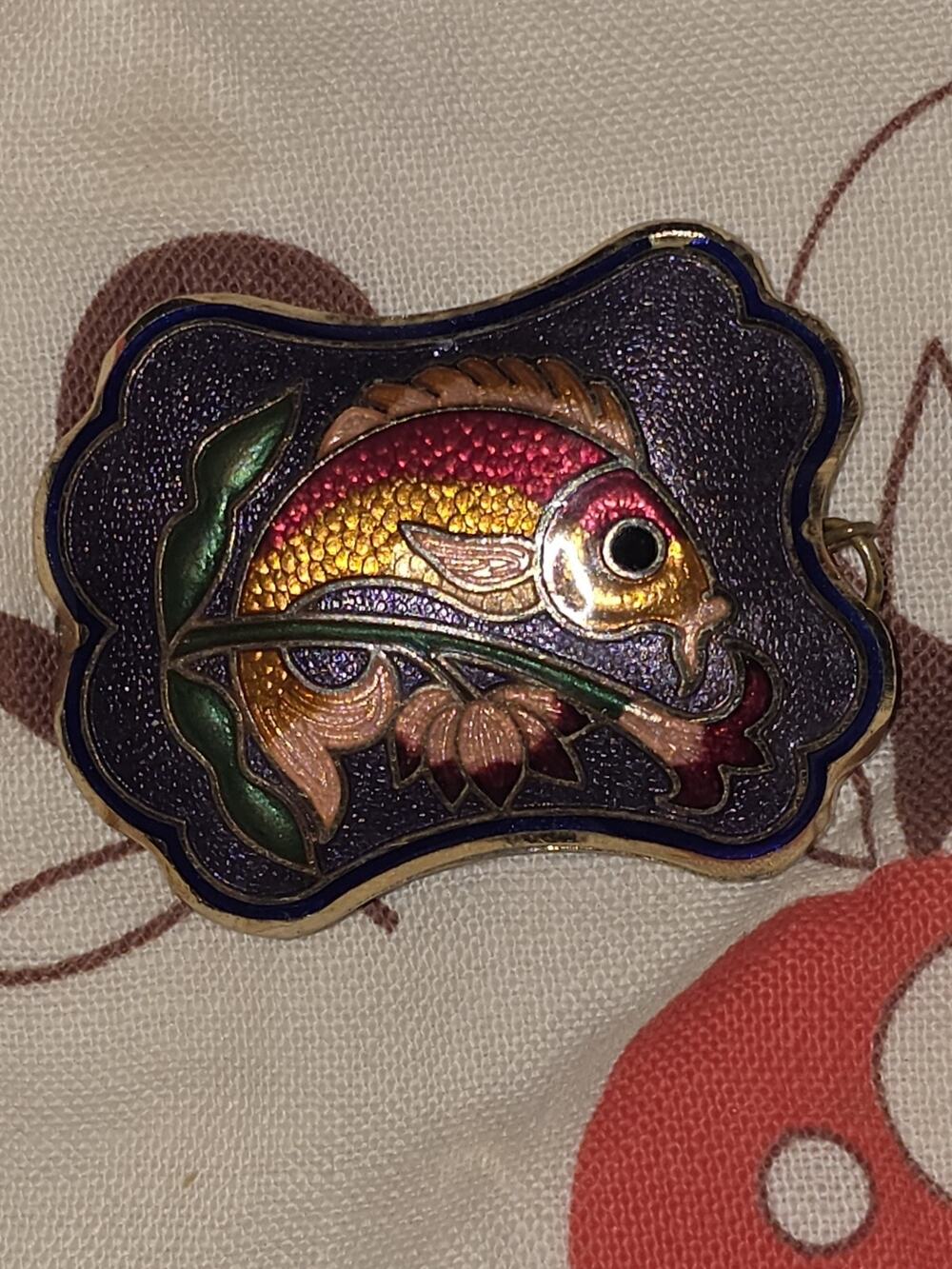 Rare Find! Vintage Cloisonne Enamel Koi Fish & Lotus Flower Pendant